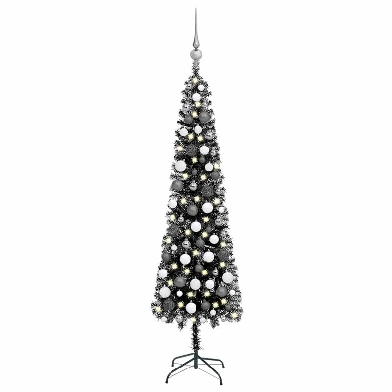 Kunstkerstboom Met Verlichting En Kerstballen Smal 150 Cm Zwart