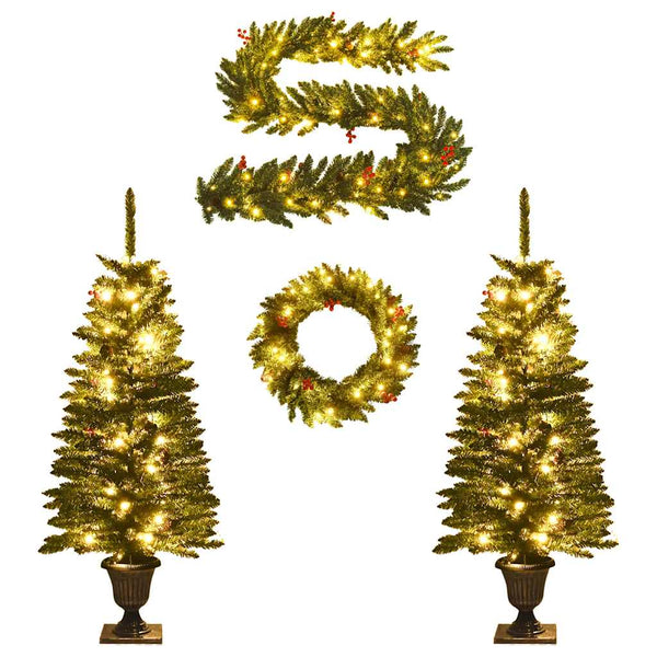 Kunstkerstbomen 2 St Met Krans, Guirlande En Led's Groen En Goud