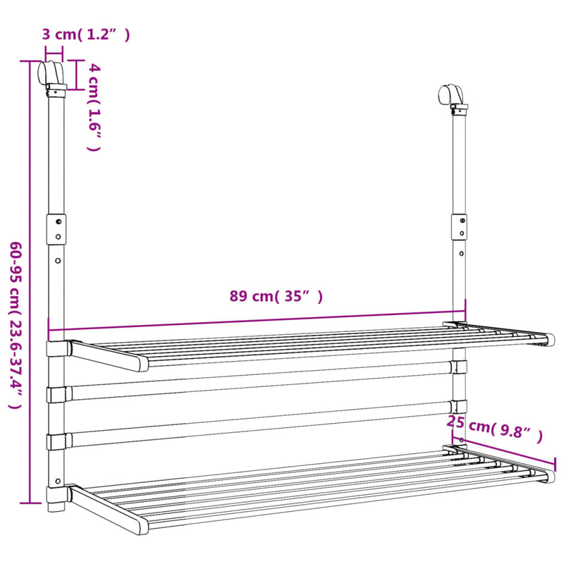 Droogrek Voor Balkon 89X25X(60-95) Cm Aluminium