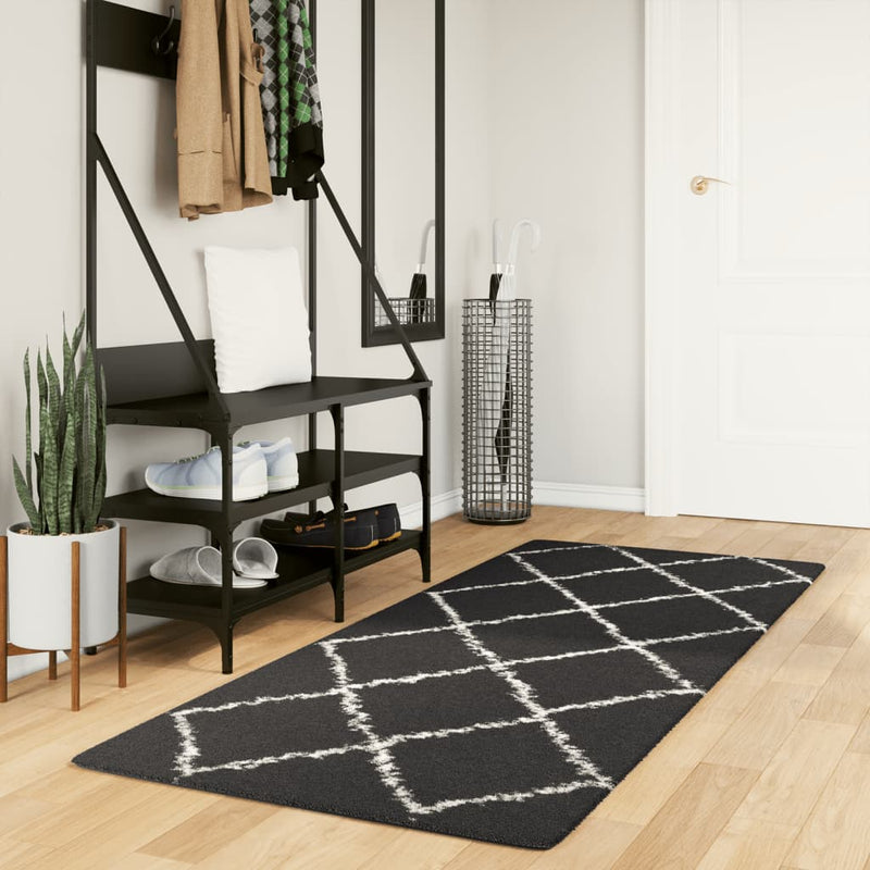 Vloerkleed Shaggy Hoogpolig Modern Zwart En Crème