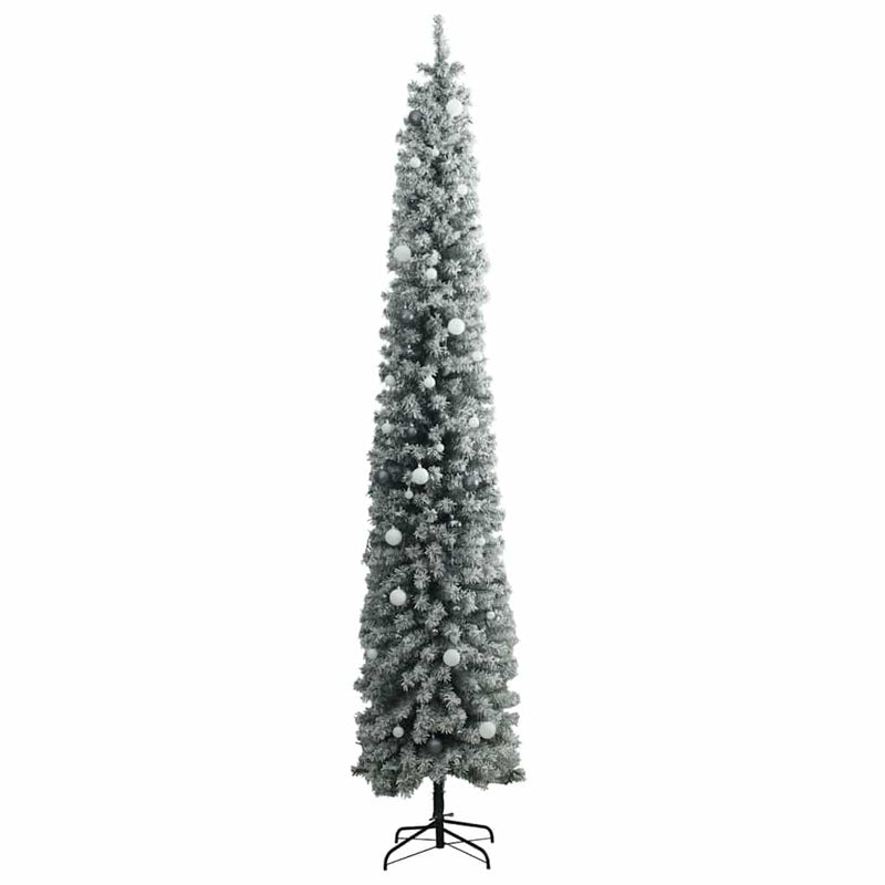 Kerstboom Smal Met 300 Led's Kerstballen En Sneeuw
