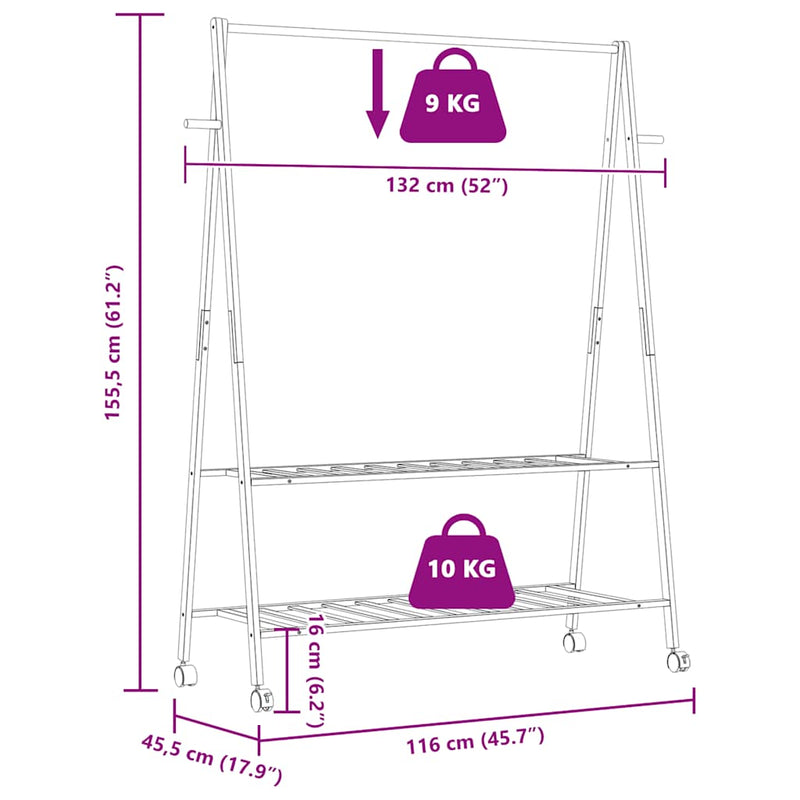 Kledingrek Met Schappen En Wielen 132X45,5X155,5 Cm