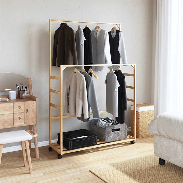 Kledingrek Met Schappen En Wielen 90X35X155 Cm Bamboe
