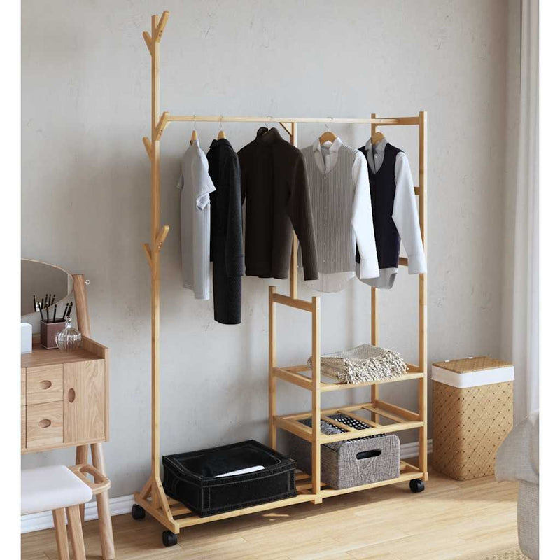 Kledingrek Met Schappen En Wielen 100X38X175,5 Cm Bamboe Rood
