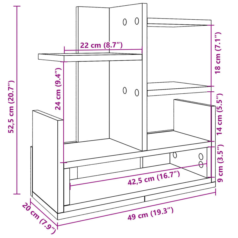 Bureau Organiser 49X20X52,5 Cm Bewerkt Hout Kleur