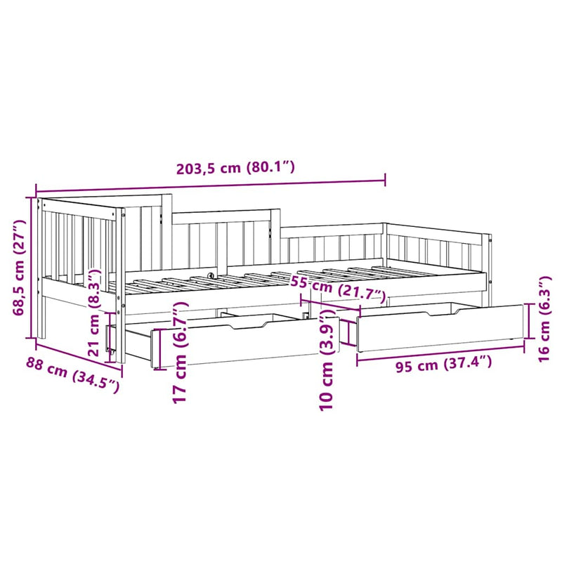 Slaapbank Met Lades 80X200 Cm Massief Grenenhout