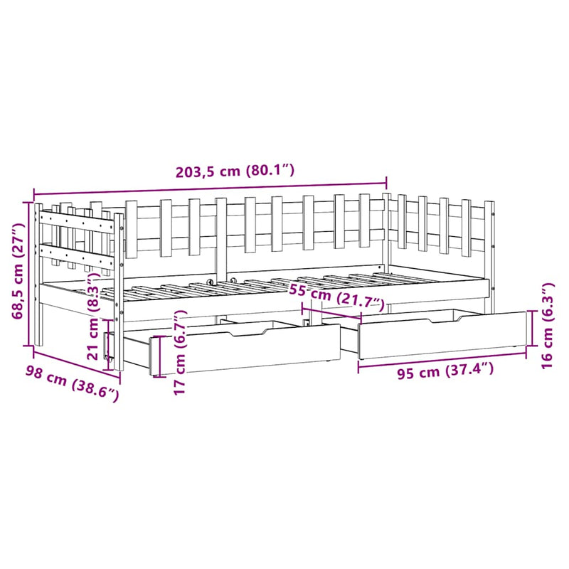 Slaapbank Met Lades 80X200 Cm Massief Grenenhout
