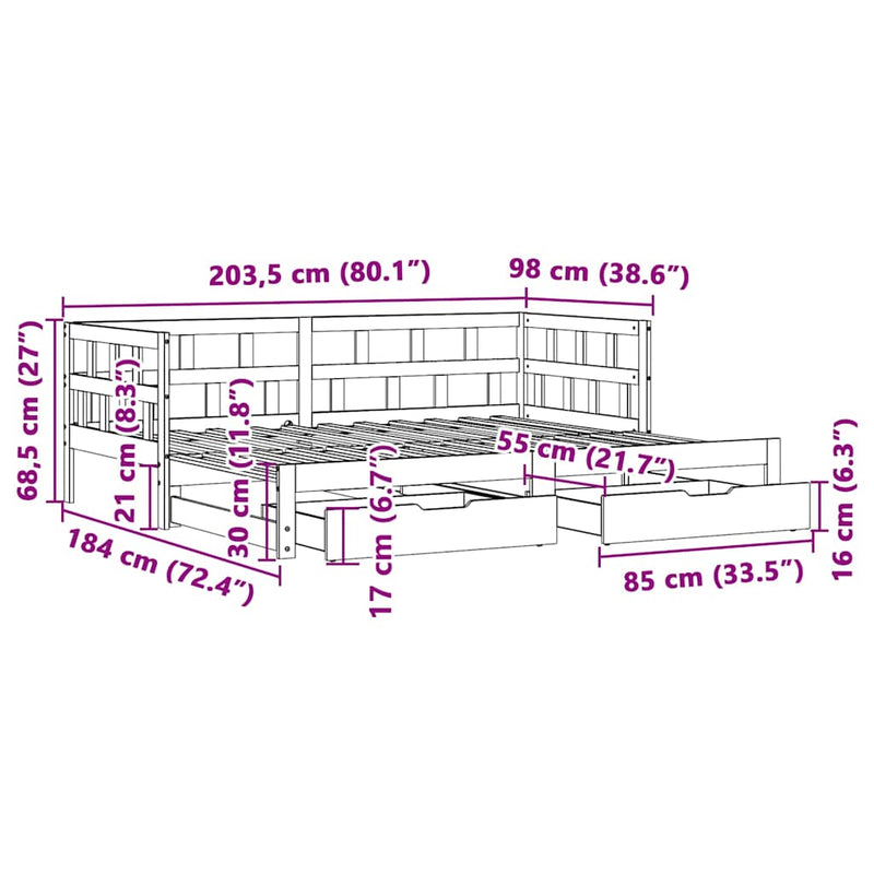 Slaapbank Met Onderschuifbed En Lades Zonder Matras 90X200 Cm