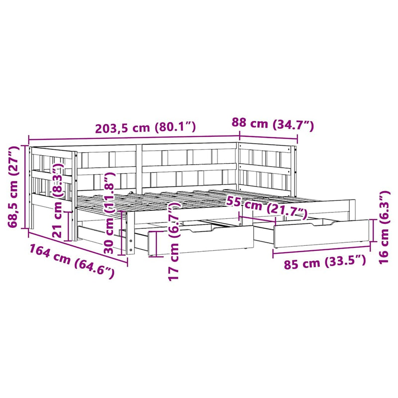 Slaapbank Met Onderschuifbed En Lades Zonder Matras 80X200 Cm