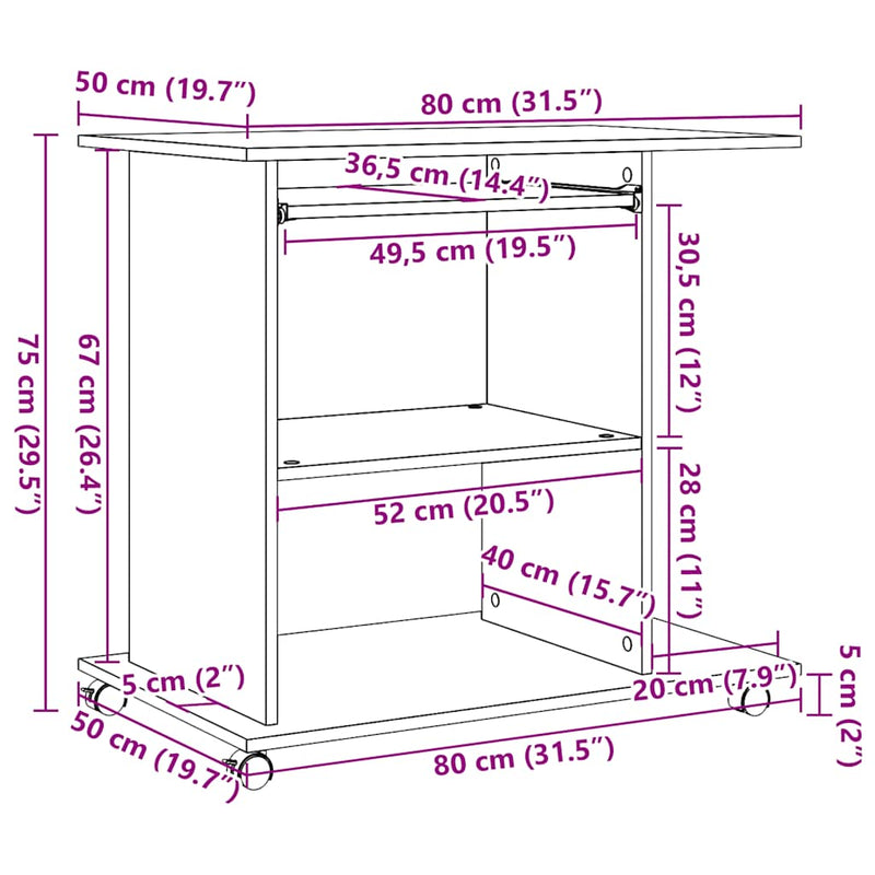 Computerbureau 80X50X75 Cm Bewerkt Hout Artisanaal Eikenkleur