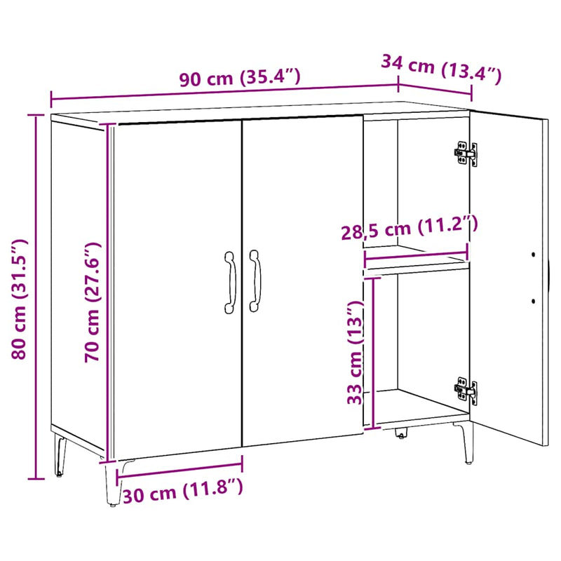 Dressoir 90X34X80 Cm Bewerkt Hout Artisanaal Eikenkleur