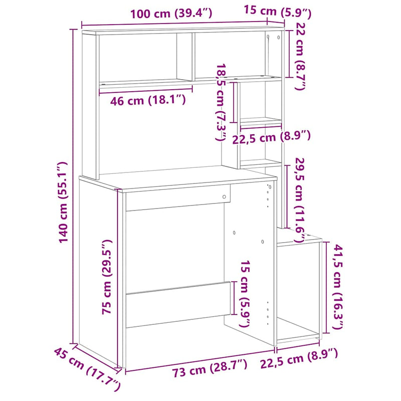 Bureau Met Schappen 100X45X140 Cm Bewerkt Hout Artisanaal Eiken