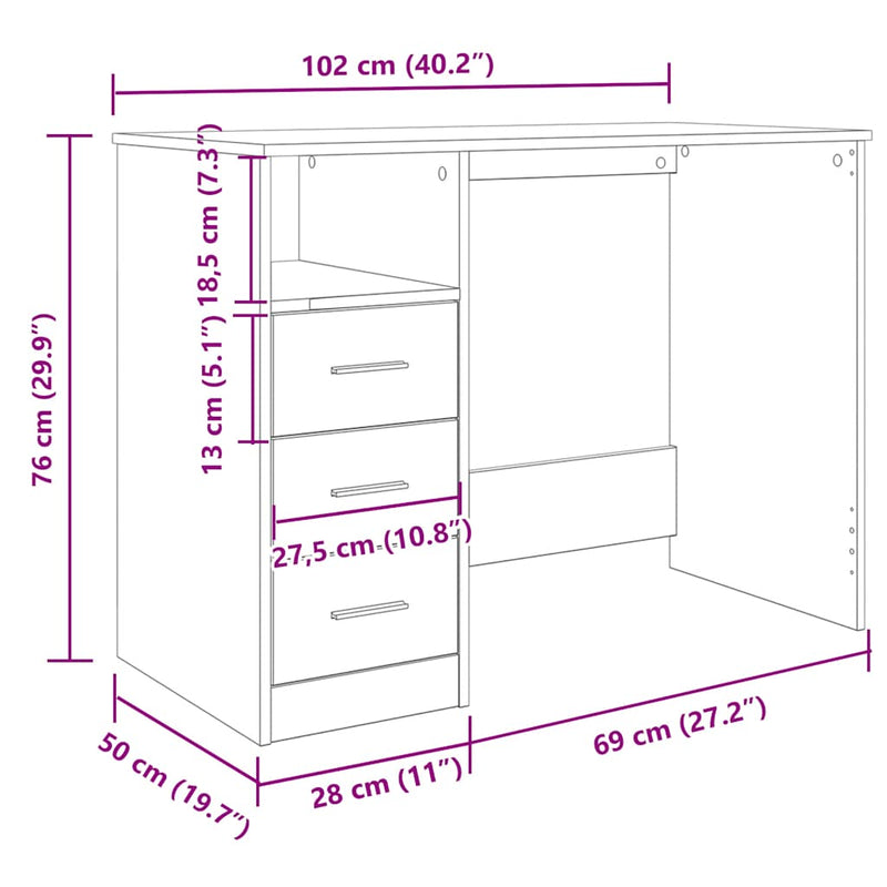 Bureau Met Lades 102X50X76 Cm Bewerkt Hout Kleur