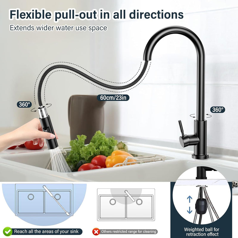 360° draaibare keukenkraan - hoge druk keukenkraan met uitschuifbare douche - Zwart & Zilver NIKYJM