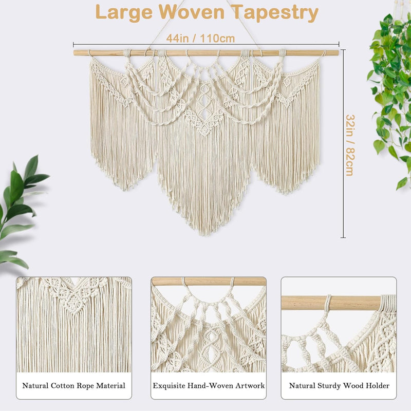 Grote macramé wandhanger ter decoratie - Boho Geweven Wandkleed en Wanddecoratie - 110x82cm UXORSN