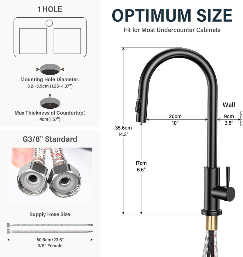 360° draaibare keukenkraan - hoge druk keukenkraan met uitschuifbare douche - Zwart & Zilver NIKYJM
