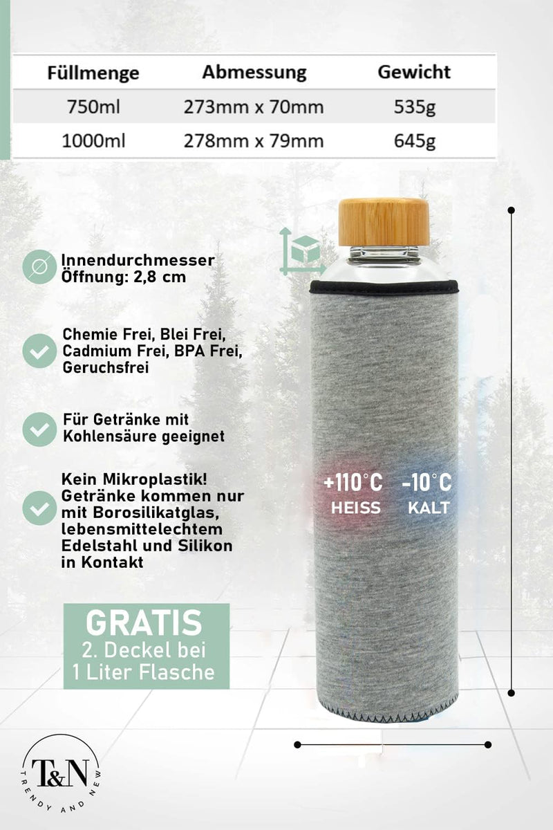 Glazen Fles 1000/750/500 ml - Glazen Waterfles 1 Liter met Neopreen Hoes - Lekvrije Waterfles met grijze sleeve - T&N