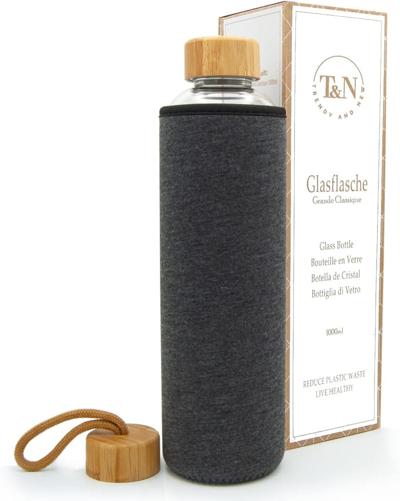 Glazen Fles 1000/750/500 ml - Glazen Waterfles 1 Liter met Neopreen Hoes - Lekvrije Waterfles met antraciet sleeve - T&N