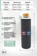 Glazen Fles 1000/750/500 ml - Glazen Waterfles 1 Liter met Neopreen Hoes - Lekvrije Waterfles met antraciet sleeve - T&N