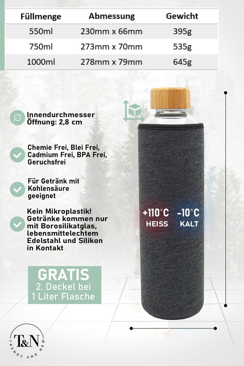 Glazen Fles 1000/750/500 ml - Glazen Waterfles 1 Liter met Neopreen Hoes - Lekvrije Waterfles met antraciet sleeve - T&N