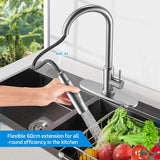 360° draaibare keukenkraan - hoge druk keukenkraan met uitschuifbare douche - Zwart & Zilver NIKYJM