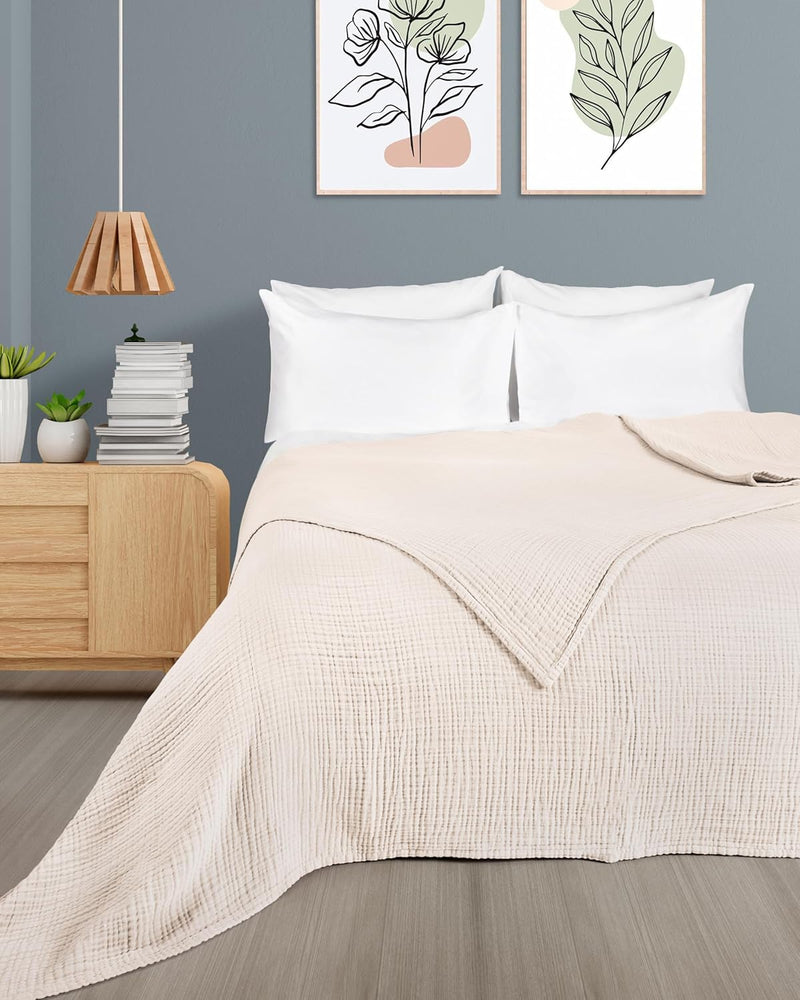 Premium Mousseline Sprei – 100% Katoen – Extra Zachte Katoenen Deken als Knuffeldeken, Bedsprei – Warme Woondeken in verschillende maten (Beige) - LAYNENBURG
