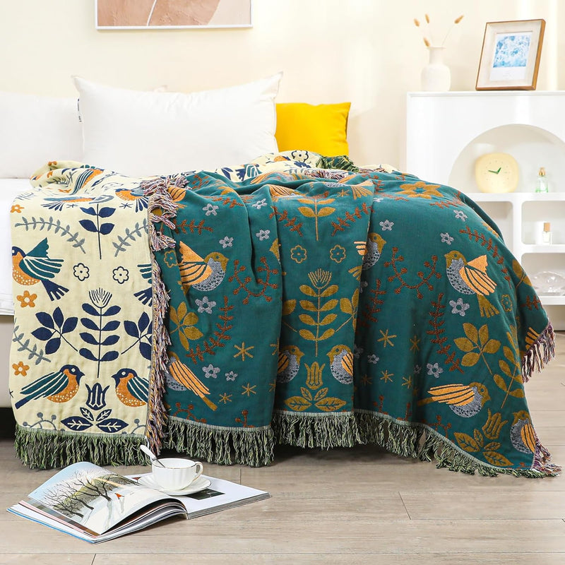 Dubbelzijdige Boho katoenen deken, ademend en zacht sprei, 4-laagse mousseline deken voor alle seizoenen - katoenen deken met franjes - Blauw vogelpatroon in diverse maten