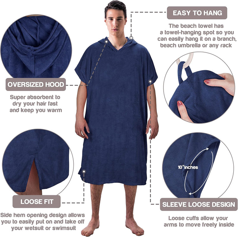 Microvezel badstof surfponcho voor volwassenen (uniseks) – badponcho/badjas voor sauna, dames en heren –  Blauw Kato Tirrinia