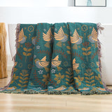 Dubbelzijdige Boho katoenen deken, ademend en zacht sprei, 4-laagse mousseline deken voor alle seizoenen - katoenen deken met franjes - Blauw vogelpatroon in diverse maten