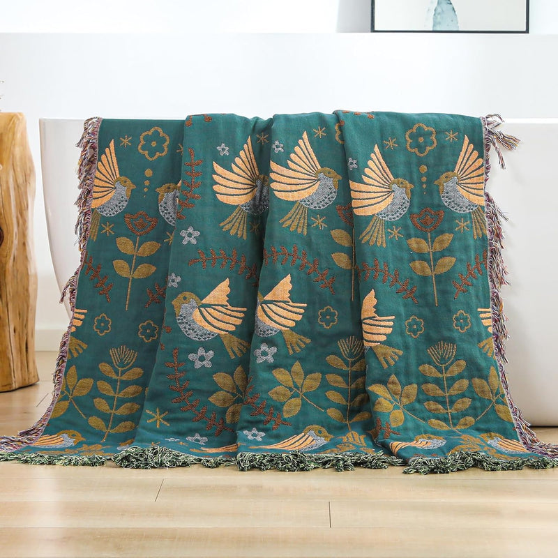 Dubbelzijdige Boho katoenen deken, ademend en zacht sprei, 4-laagse mousseline deken voor alle seizoenen - katoenen deken met franjes - Blauw vogelpatroon in diverse maten