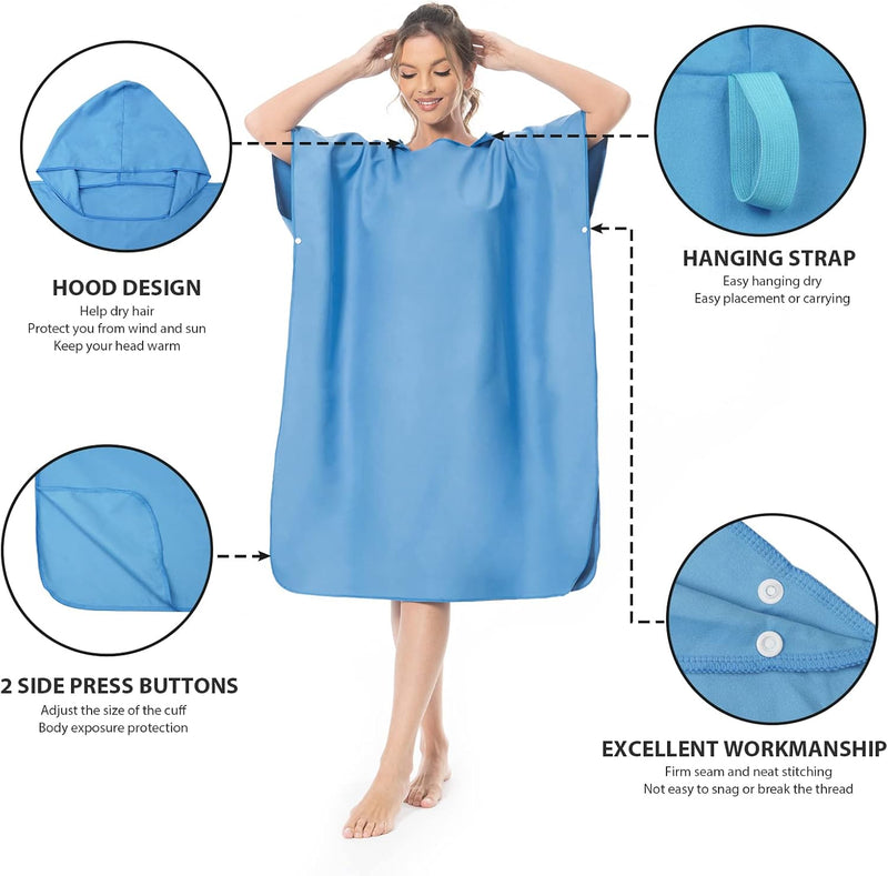 Surfponcho Omkleedhulp Strand voor Dames, Heren, Volwassenen en Tieners – Ultralichte en Sneldrogende Badponcho / Handdoekponcho van Microvezel –  (Blauw) - MOKANI