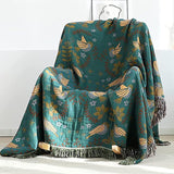 Dubbelzijdige Boho katoenen deken, ademend en zacht sprei, 4-laagse mousseline deken voor alle seizoenen - katoenen deken met franjes - Blauw vogelpatroon in diverse maten