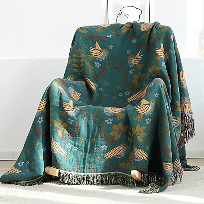 Dubbelzijdige Boho katoenen deken, ademend en zacht sprei, 4-laagse mousseline deken voor alle seizoenen - katoenen deken met franjes - Blauw vogelpatroon in diverse maten