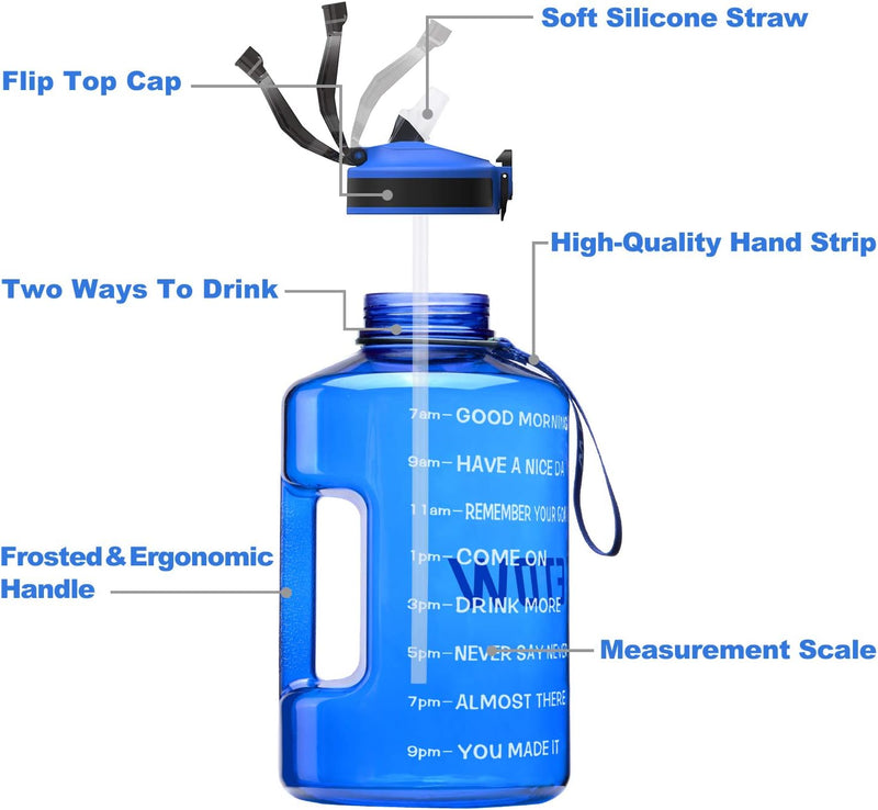 Sportwaterfles met drinktijden en rietje 3,78L/2,2L - Blauw - ETDW