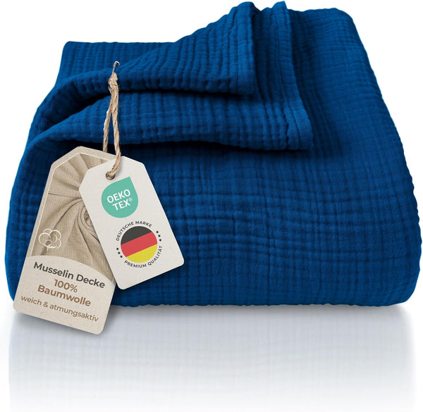 Premium Mousseline Sprei – 100% Katoen – Extra Zachte Katoenen Deken als Knuffeldeken, Bedsprei – Warme Woondeken in verschillende maten (Blauw) - LAYNENBURG