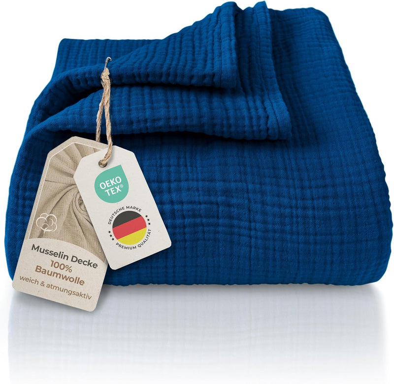 Premium Mousseline Sprei – 100% Katoen – Extra Zachte Katoenen Deken als Knuffeldeken, Bedsprei – Warme Woondeken in verschillende maten (Blauw) - LAYNENBURG