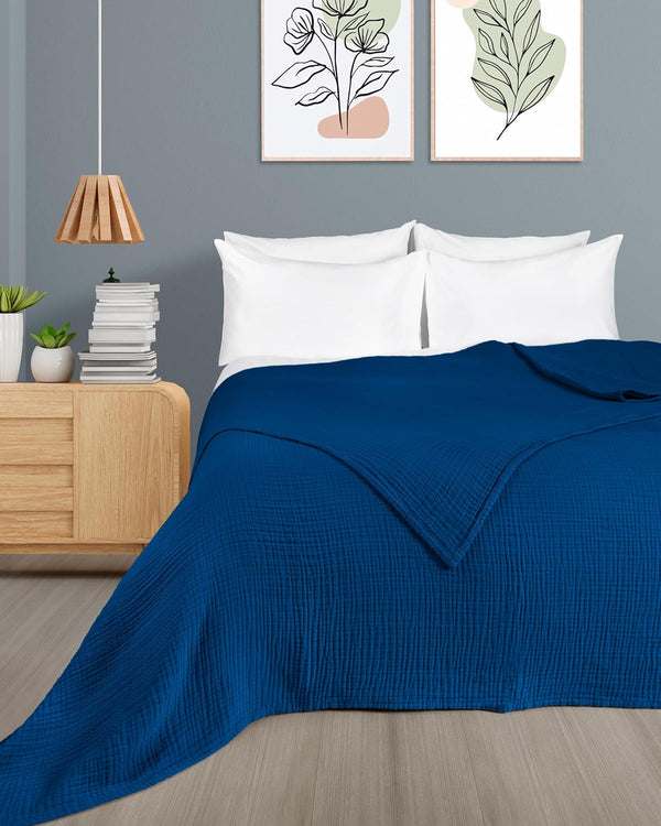 Premium Mousseline Sprei – 100% Katoen – Extra Zachte Katoenen Deken als Knuffeldeken, Bedsprei – Warme Woondeken in verschillende maten (Blauw) - LAYNENBURG