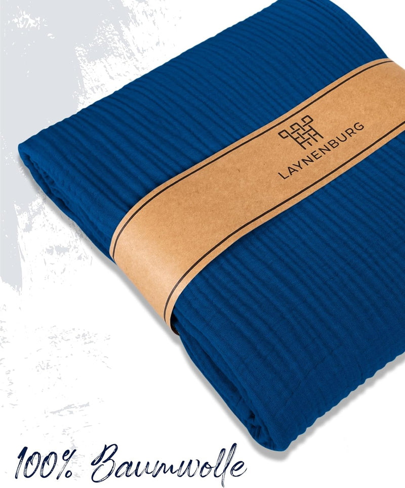Premium Mousseline Sprei – 100% Katoen – Extra Zachte Katoenen Deken als Knuffeldeken, Bedsprei – Warme Woondeken in verschillende maten (Blauw) - LAYNENBURG