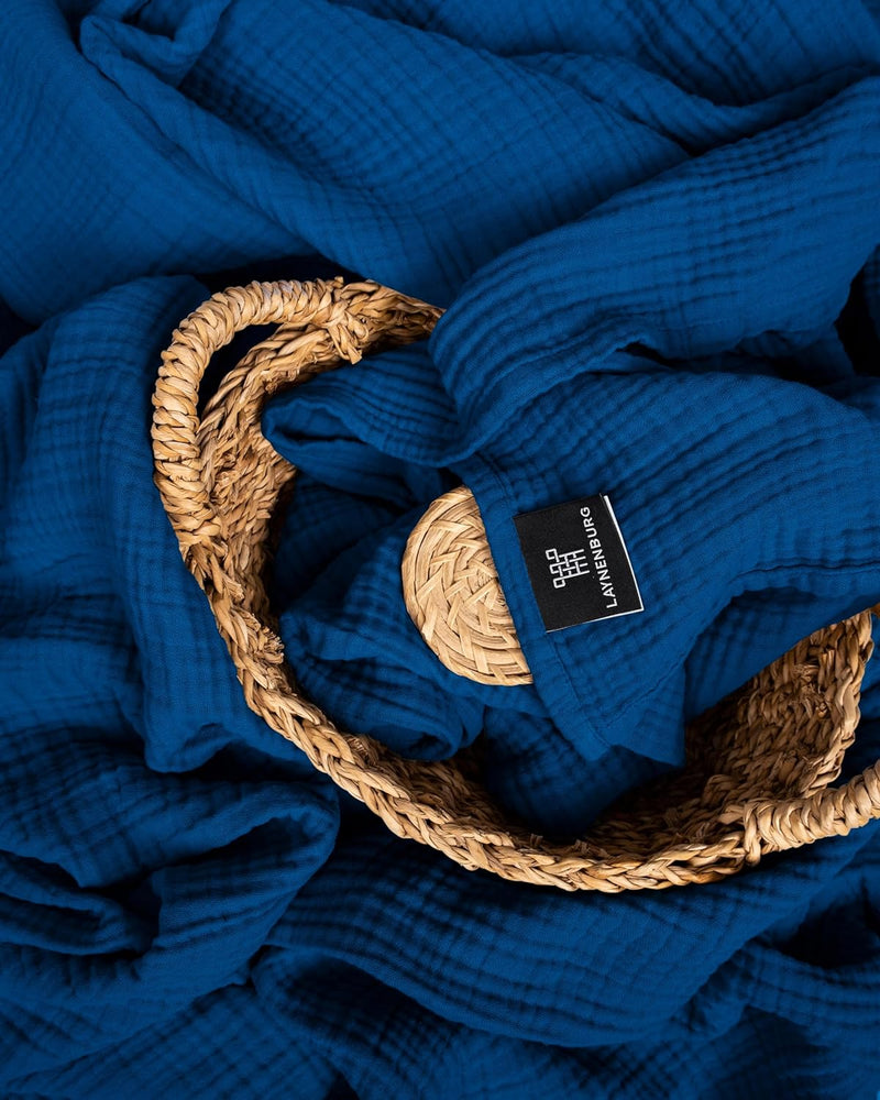 Premium Mousseline Sprei – 100% Katoen – Extra Zachte Katoenen Deken als Knuffeldeken, Bedsprei – Warme Woondeken in verschillende maten (Blauw) - LAYNENBURG