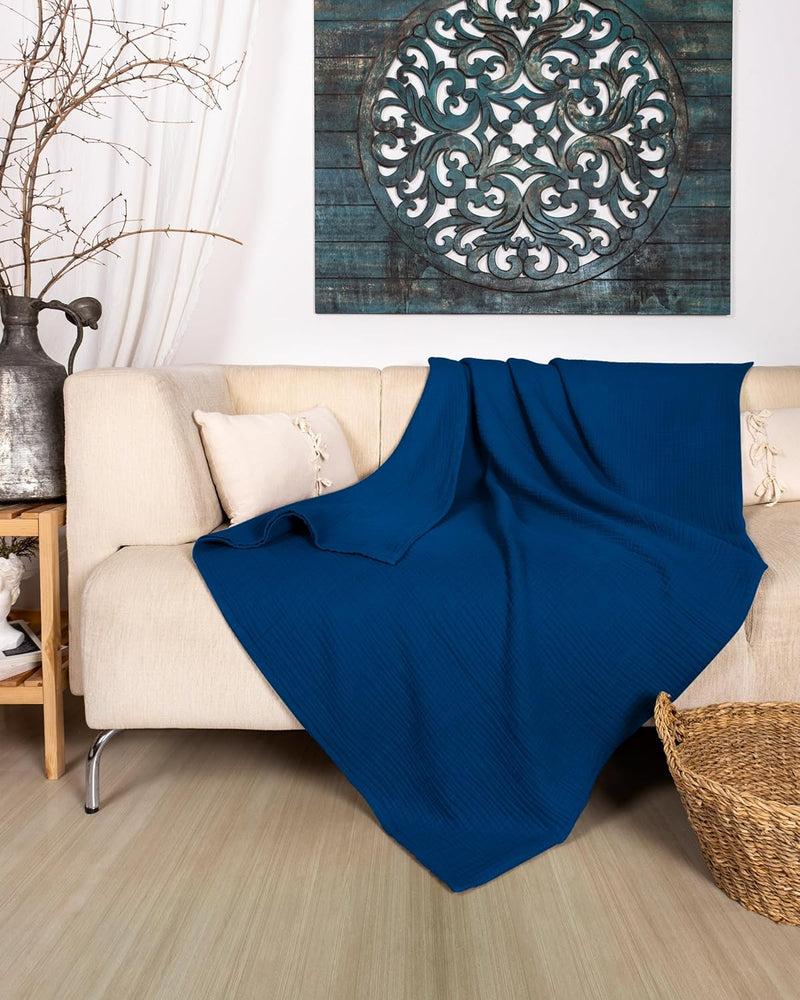 Premium Mousseline Sprei – 100% Katoen – Extra Zachte Katoenen Deken als Knuffeldeken, Bedsprei – Warme Woondeken in verschillende maten (Blauw) - LAYNENBURG