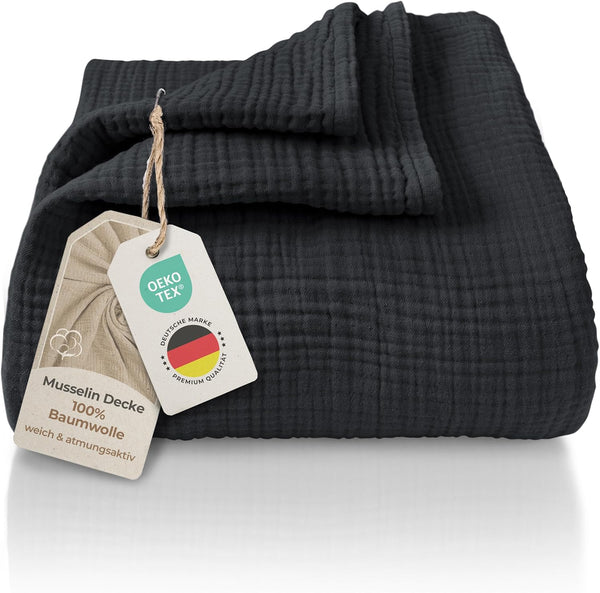 Premium Mousseline Sprei – 100% Katoen – Extra Zachte Katoenen Deken als Knuffeldeken, Bedsprei – Warme Woondeken in verschillende maten (Charcoal) - LAYNENBURG