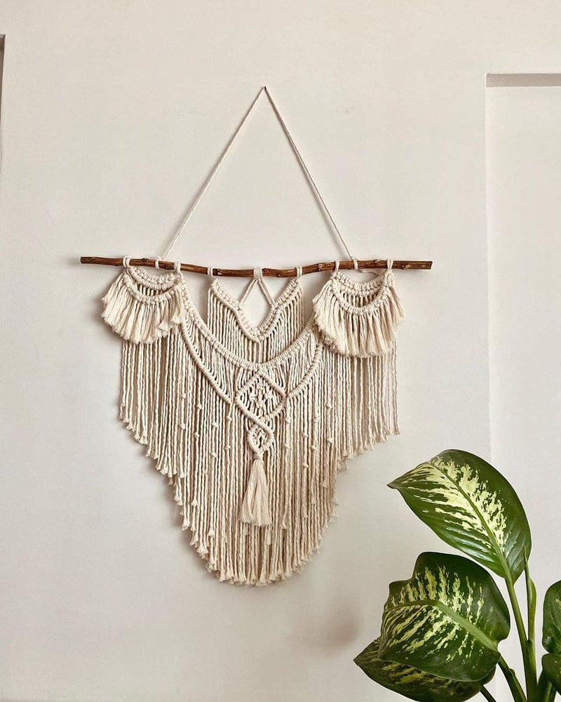 Grote Macramé wandkleed met natuurhout - Boho Wanddecoratie, voor Boven het Hoofdeinde, Handgemaakt – 80x80cm CBXSF