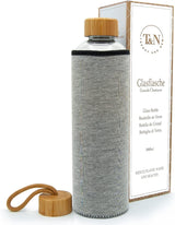 Glazen Fles 1000/750/500 ml - Glazen Waterfles 1 Liter met Neopreen Hoes - Lekvrije Waterfles met grijze sleeve - T&N