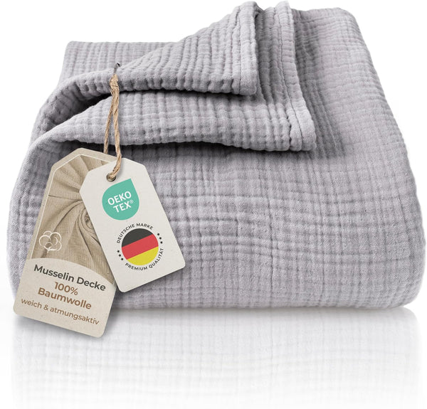 Premium Mousseline Sprei – 100% Katoen – Extra Zachte Katoenen Deken als Knuffeldeken, Bedsprei – Warme Woondeken in verschillende maten (Grijs) - LAYNENBURG