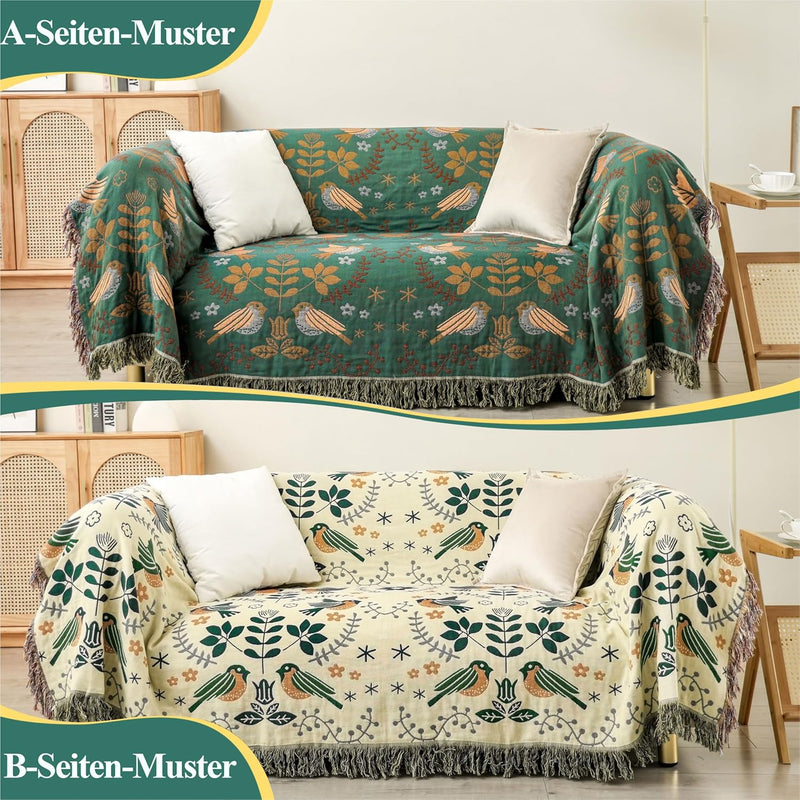 Dubbelzijdige Boho katoenen deken, ademend en zacht sprei, 4-laagse mousseline deken voor alle seizoenen - katoenen deken met franjes - Groen vogelpatroon in diverse maten HOORDRY