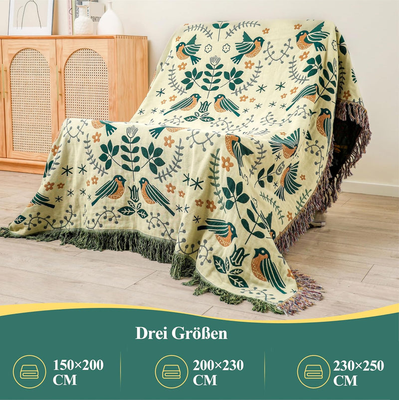 Dubbelzijdige Boho katoenen deken, ademend en zacht sprei, 4-laagse mousseline deken voor alle seizoenen - katoenen deken met franjes - Groen vogelpatroon in diverse maten HOORDRY