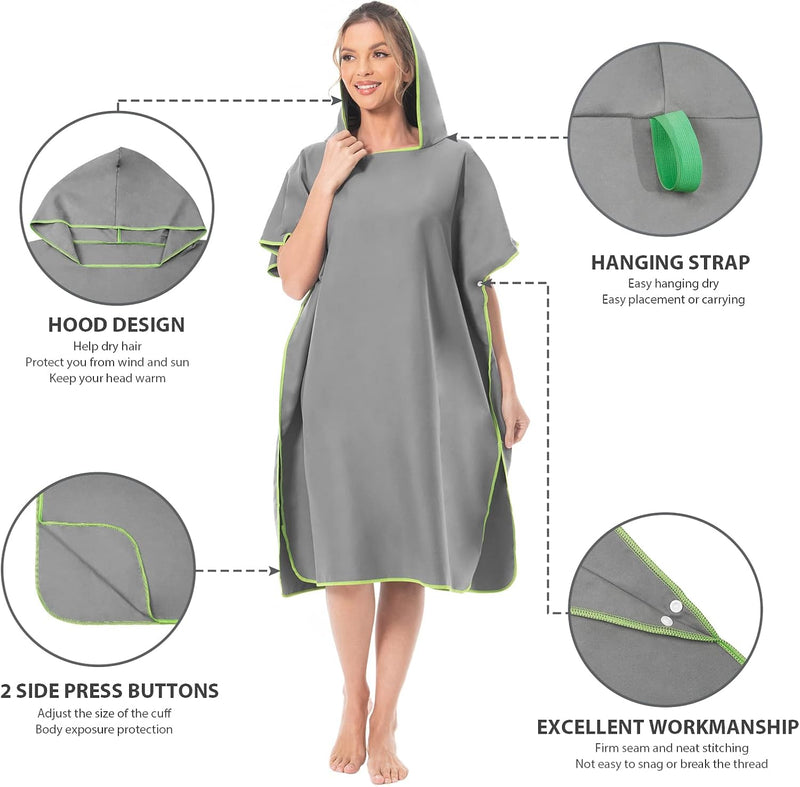 Surfponcho Omkleedhulp Strand voor Dames, Heren, Volwassenen en Tieners – Ultralichte en Sneldrogende Badponcho / Handdoekponcho van Microvezel –  (Grijs) - MOKANI