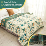 Dubbelzijdige Boho katoenen deken, ademend en zacht sprei, 4-laagse mousseline deken voor alle seizoenen - katoenen deken met franjes - Groen vogelpatroon in diverse maten HOORDRY