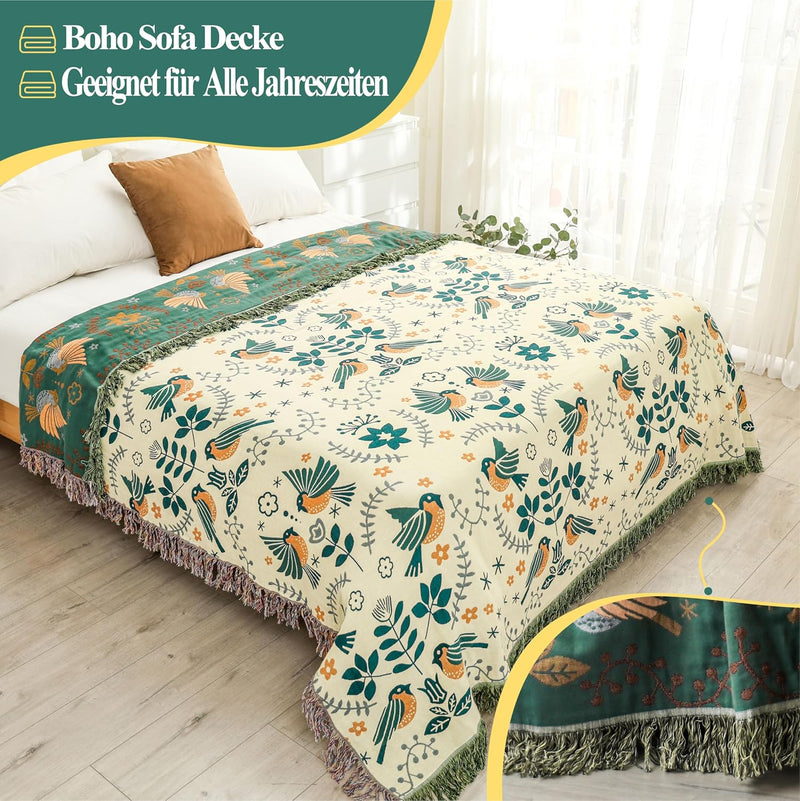 Dubbelzijdige Boho katoenen deken, ademend en zacht sprei, 4-laagse mousseline deken voor alle seizoenen - katoenen deken met franjes - Groen vogelpatroon in diverse maten HOORDRY