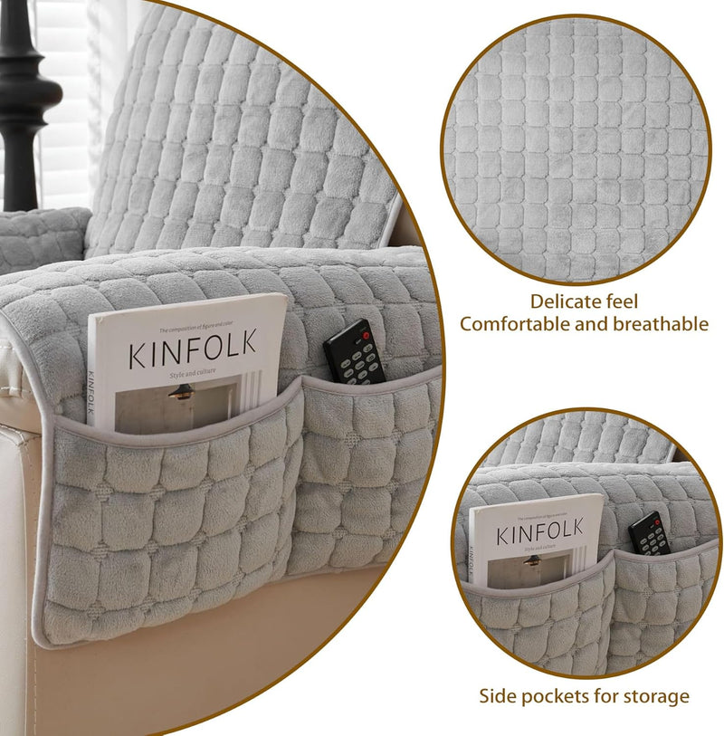 Premium beschermhoes voor fauteuil en tv-stoel-  met zakken en elastische band - grijs, 1 zit (53 x 190 cm) SEMGABO